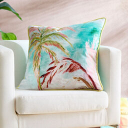 Appletree Leilani Tropical Palm Leaf Print Green Velvet Filled Cushion - thumbnail 1