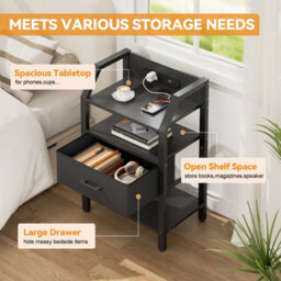 Led Bedside Table Set Of 2 With Charging Station & Fabric Drawer, Modern Bedside Cabinet For Bedroom, Black - thumbnail 5