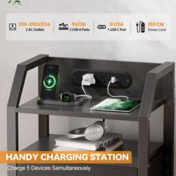 Led Bedside Table Set Of 2 With Charging Station & Fabric Drawer, Modern Bedside Cabinet For Bedroom, Black - thumbnail 4