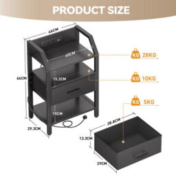 Led Bedside Table Set Of 2 With Charging Station & Fabric Drawer, Modern Bedside Cabinet For Bedroom, Black - thumbnail 3