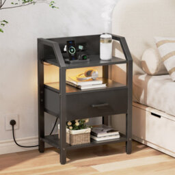 Led Bedside Table Set Of 2 With Charging Station & Fabric Drawer, Modern Bedside Cabinet For Bedroom, Black - thumbnail 2