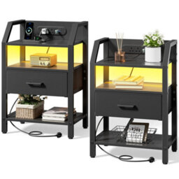 Led Bedside Table Set Of 2 With Charging Station & Fabric Drawer, Modern Bedside Cabinet For Bedroom, Black - thumbnail 1