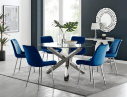 Furniturebox Uk Vogue Round Dining Table And 6 Navy Pesaro Silver Leg Chairs - thumbnail 1