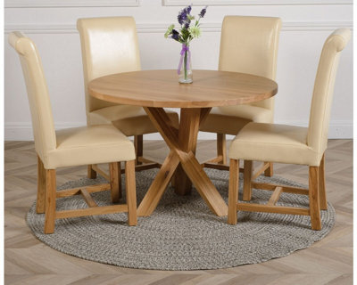 That's Furniture Oregon Round Oak Dining Table And 4 Chairs Dining Set With Washington Ivory Leather Chairs - image 1