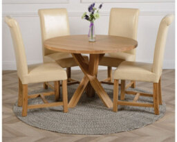 That's Furniture Oregon Round Oak Dining Table And 4 Chairs Dining Set With Washington Ivory Leather Chairs
