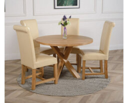 That's Furniture Oregon Round Oak Dining Table And 4 Chairs Dining Set With Washington Ivory Leather Chairs - thumbnail 2