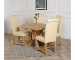 That's Furniture Oregon Round Oak Dining Table And 4 Chairs Dining Set With Washington Ivory Leather Chairs - thumbnail 3