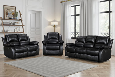 Black Faux Leather  3 + 2 + 1 Seater Manual Recliner Sofa And Armchair Set For Living Room Valencia - image 1