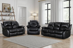 Black Faux Leather  3 + 2 + 1 Seater Manual Recliner Sofa And Armchair Set For Living Room Valencia - thumbnail 1