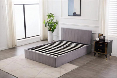 Kosy Koala Ottoman Bed Gas Lift Storage Grey 4Ft6 Double With 1 Mattress Line Pattern Velvet Bedroom - image 1