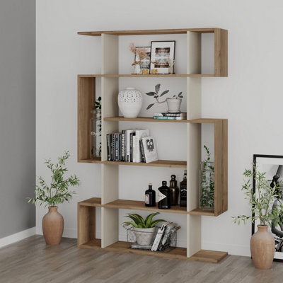 Decortie Mito Modern Freestanding & Wall Mounted Bookcase Dark Oak Effect-Sandstone 5-Tier Display Unit For Home & Office 161Cm