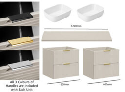 Impact Furniture Double Vanity Unit With Basins 1200mm Fluted Beige Bathroom Sink Cabinet Countertop Worktop 4 Drawers Wall Storage Adel - thumbnail 2