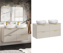 Impact Furniture Double Vanity Unit With Basins 1200mm Fluted Beige Bathroom Sink Cabinet Countertop Worktop 4 Drawers Wall Storage Adel