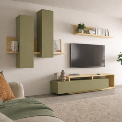 "Arte Bota Entertainment Unit For Tvs Up To 75"" In Oak Lindberg & Eucalyptus, Modular Led-Lit Tv Wall With Cabinets & Shelf" - image 1