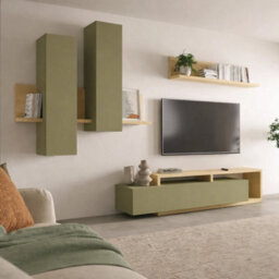 "Arte Bota Entertainment Unit For Tvs Up To 75"" In Oak Lindberg & Eucalyptus, Modular Led-Lit Tv Wall With Cabinets & Shelf" - thumbnail 1