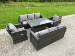 Fimous High Back Rattan Reclining Chairs 3 Seater Lounge Sofa Garden Furniture Set Curved Arm Rising Adjustable Lifting Table - thumbnail 2