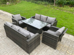 Fimous High Back Rattan Reclining Chairs 3 Seater Lounge Sofa Garden Furniture Set Curved Arm Rising Adjustable Lifting Table - thumbnail 3