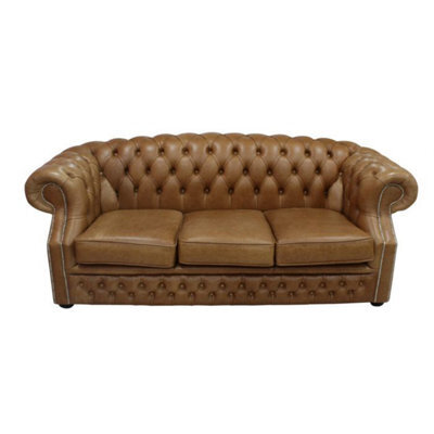Chesterfield 3 Seater Old English Tan Leather Sofa Bespoke In Buckingham Style - image 1