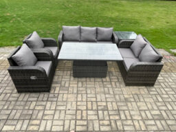 Fimous Wicker Pe Rattan Outdoor Garden Furniture Sets Adjustable Rising Lifting Dining Table Reclining Chair Sofa Set - thumbnail 2