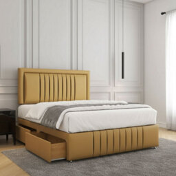 REGIONAL FURNISHINGS Mustard Plush Velvet Upholstered Divan Bed Set 24Inch Headboard & Footboard 2Drawersfootend & Mattress In 4Ft 4Ft6 5Ft 6Ft - thumbnail 1