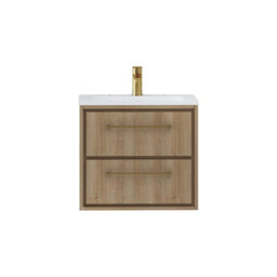 Royal Bathrooms Livora 600mm Natural Oak Wall Hung Bathroom Vanity Unit 2 Drawer With Stone Basin & Brushed Brass Handle - thumbnail 5
