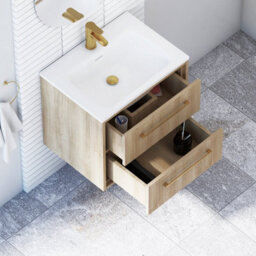 Royal Bathrooms Livora 600mm Natural Oak Wall Hung Bathroom Vanity Unit 2 Drawer With Stone Basin & Brushed Brass Handle - thumbnail 4