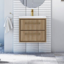 Royal Bathrooms Livora 600mm Natural Oak Wall Hung Bathroom Vanity Unit 2 Drawer With Stone Basin & Brushed Brass Handle - thumbnail 1