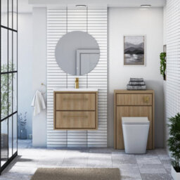 Royal Bathrooms Livora 600mm Natural Oak Wall Hung Bathroom Vanity Unit 2 Drawer With Stone Basin & Brushed Brass Handle - thumbnail 3