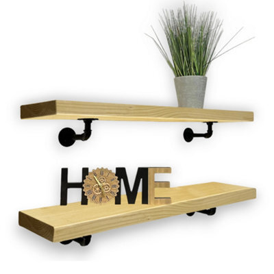 MKGT Industrial Pipe Bracket Wooden Floating Shelves, Rustic Wall Decor (Antique Pine, 70Cm) - image 1