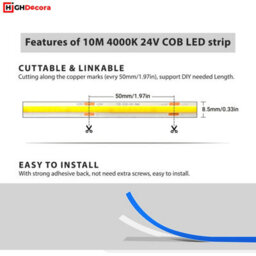 Highdecora Cob Led Light Strip Cutomisable Kit 8mm Width Uniform Dotless Led Tape Light For Room Cabinet Kitchen Wardrobe (Dc24V/4000K/10M) - thumbnail 2