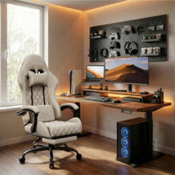 Precision Synergie Fabric Gaming Chair, Massage Computer Chair With Footrest, Lumbar Support & Height Adjustable For Home, Beige - thumbnail 8
