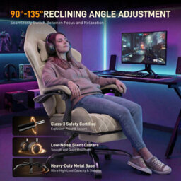 Precision Synergie Fabric Gaming Chair, Massage Computer Chair With Footrest, Lumbar Support & Height Adjustable For Home, Beige - thumbnail 3