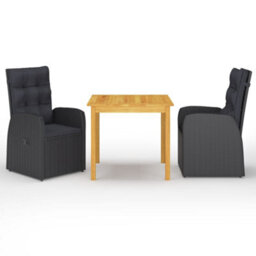 Walplus 3 Piece Garden Outdoor Dining Set Suitable For Backyard, Patio With Cushions Black Poly Rattan - thumbnail 1