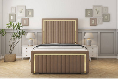 "Sloomy Boston Gold Mink Plush Bed Frame With 50"" Upholstered Headboard 6' Super King" - image 1