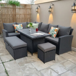 Rosen 9 Seater Black Rattan Garden Dining Set With Storage Bench And Stool