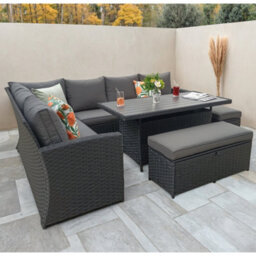 Rosen 9 Seater Black Rattan Garden Dining Set With Storage Bench And Stool - thumbnail 2