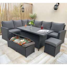 Rosen 9 Seater Black Rattan Garden Dining Set With Storage Bench And Stool - thumbnail 3