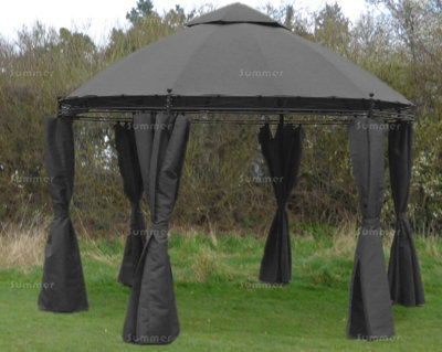 Round Metal Gazebo With Showerproof Sunshade Canopy And Side Curtains, Grey, 3.5M Diameter
