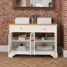 Homestylestore 1210mm Antique White And Oak Bathroom Vanity Unit With Square Countertop Basins And Bronze Round Handles - thumbnail 4