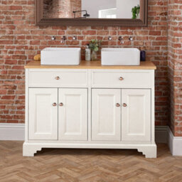 Homestylestore 1210mm Antique White And Oak Bathroom Vanity Unit With Square Countertop Basins And Bronze Round Handles - thumbnail 3