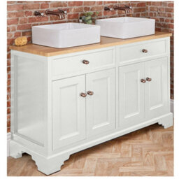 Homestylestore 1210mm Antique White And Oak Bathroom Vanity Unit With Square Countertop Basins And Bronze Round Handles