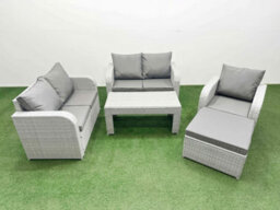 Fimous High Back Poly Rattan Garden Furniture Set Reclining Chair Loveseat Sofa Oblong Coffee Table Set Big Stool Light Grey - thumbnail 1