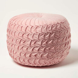 Homescapes Pink Velvet Pouffe, Grace Pleated Velvet Footstool, Ottoman Soft Round Seat For Living Room Or Bedroom