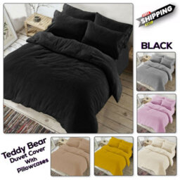 Chilimilii Teddy Bear Fleece Duvet Quilt Cover With Pillowcases Soft Warm Cosy Bedding Set (Black)