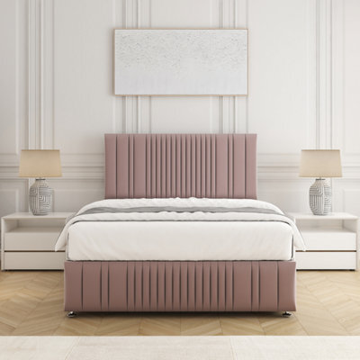 Bsspoke Rosie Divan Bed Set Pink Plush Velvet 24Inch Headboard & Footboard Mattress & No Drawers Double King 3Ft 4Ft 6Ft - image 1