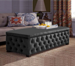 150Cm Empire Ottoman Storage Box With Wooden Legs, Grey Velvet Upholstered Chesterfield Footstool Storage Ottoman Box