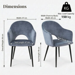 Evre Hailey Grey Velvet Dining Chairs Set Of 2 Upholstered Chairs With Arms & Metal Legs - thumbnail 2
