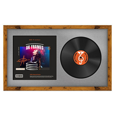 "30X17"" Rustic Oak Modern Vinyl Record Frame With Silver Mount For 12 Inch Lp Album Cover & Disc - Ak Frames" - image 1
