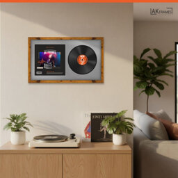 "30X17"" Rustic Oak Modern Vinyl Record Frame With Silver Mount For 12 Inch Lp Album Cover & Disc - Ak Frames" - thumbnail 5
