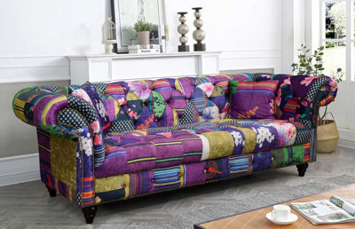 Multicoloured Fabric Patchwork 3 Seater Scroll Arm Chesterfield Sofa - image 1